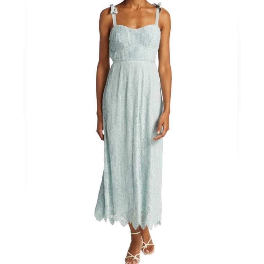 Jonathan Simkhai Bonnie Silk & Lace Plisse Bustier Midi-Dress size 6 Blue